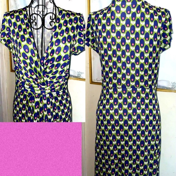 BODEN GREEN, PURPLE KNIT DRESS~V-NECK W/RUCHED WAIST~FLUTTER SLEEVES~SIZE US 4 - Picture 4 of 4